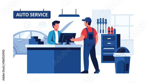 Modern vector illustration of auto service mechanic assisting customer at service counter, automotive service industry and vehicle maintenance concept