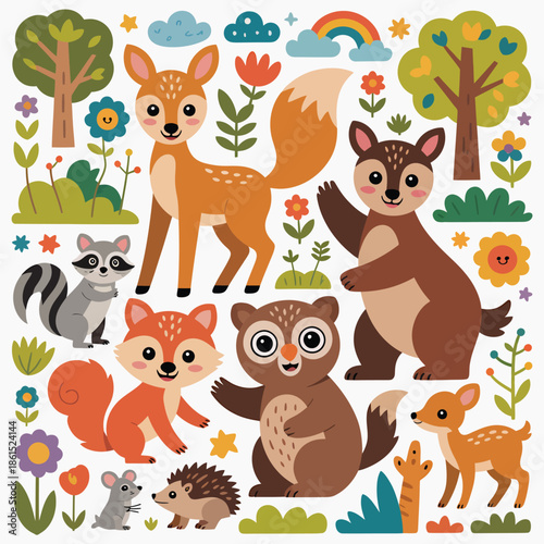Colorful Forest Animals Sticker Set with Trees and Flowers