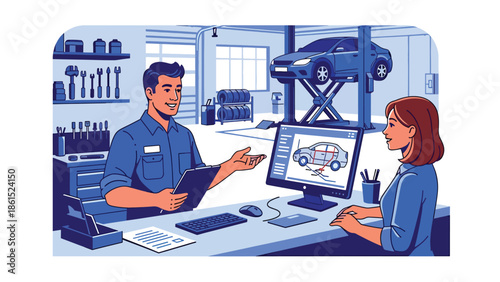 Modern vector illustration of auto service mechanic assisting customer at service counter, automotive service industry and vehicle maintenance concept