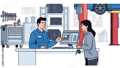 Modern vector illustration of auto service mechanic assisting customer at service counter, automotive service industry and vehicle maintenance concept