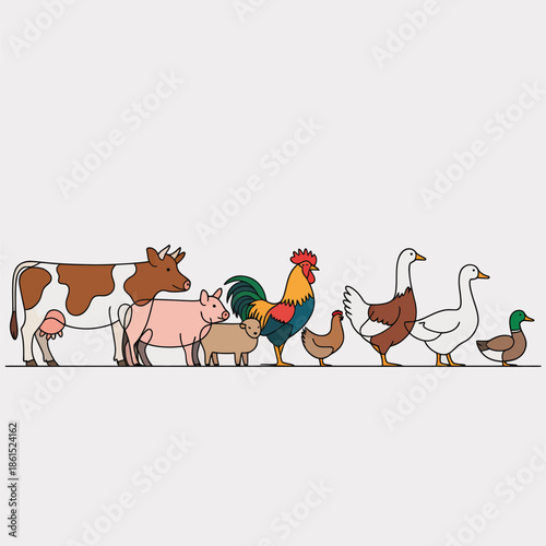 Farm Animals Standing Together on Plain Background