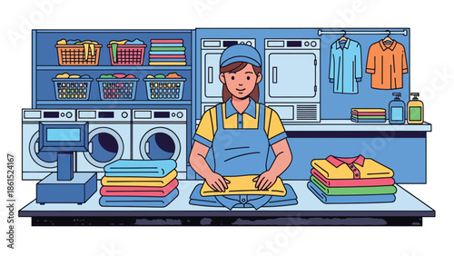 Modern vector illustration of laundry service worker folding clean clothes in shop, household service industry and professional garment care concept