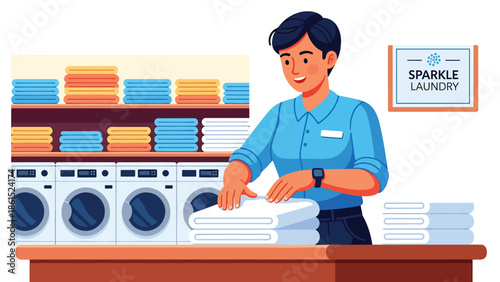 Modern vector illustration of laundry service worker folding clean clothes in shop, household service industry and professional garment care concept
