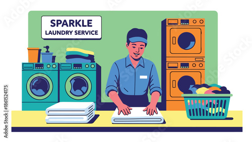 Modern vector illustration of laundry service worker folding clean clothes in shop, household service industry and professional garment care concept