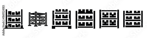 Set of warehouse inventory racks vector icons isolated on white background. Vector illustration. Black flat design
