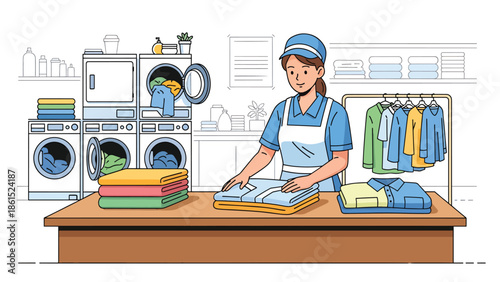 Modern vector illustration of laundry service worker folding clean clothes in shop, household service industry and professional garment care concept