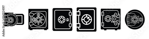 Set of wealth management vault vector icons isolated on white background. Vector illustration. Black flat design