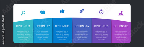 Progress bar featuring 6 arrow-shaped elements, symbolizing the six stages of business strategy and progression. Clean timeline infographic design template. Vector for mobile presentation.