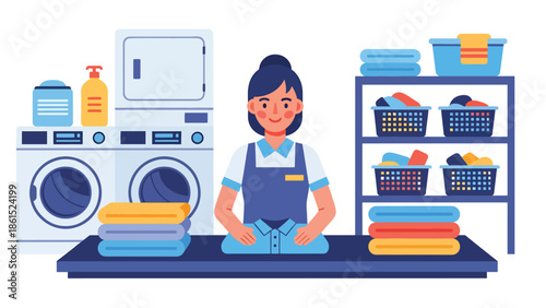 Modern vector illustration of laundry service worker folding clean clothes in shop, household service industry and professional garment care concept