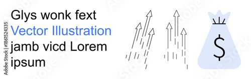 Business growth, financial success, investment strategy, economic progress, wealth management, profitability. Upward arrows rising towards a money bag. Financial success and business growth concept
