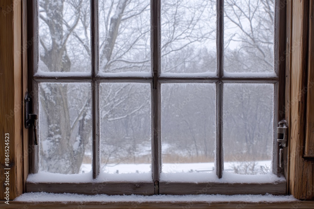 Naklejka premium Snowy winter view through a frosted multi-pane wooden window.