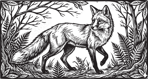 Elegant fox design presented in a striking woodcut style silhouette