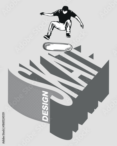 Artwork depicting a skateboarder jumping over the word "skate." Graphic style artwork.