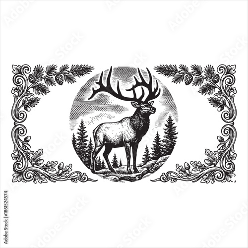 Detailed elk engraving artwork showcasing a majestic animal in a dark silhouette