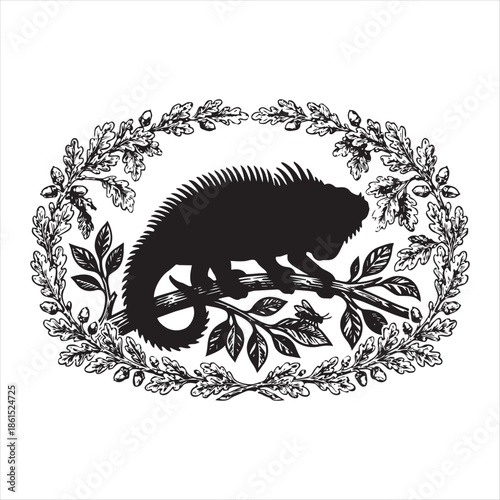 Detailed iguana vector illustration with a striking black silhouette style