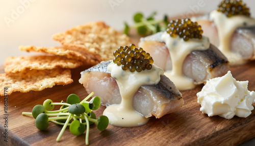 Matjes herring pieces topped with creamy sauce and caviar, served on a wooden board with crispbread, microgreens, and soft cheese. Gourmet seafood appetizer in a minimalist fine dining style, macro ad