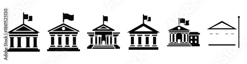 Set of embassy building flag vector icons isolated on white background. Vector illustration. Black flat design