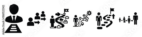 Set of employee onboarding path vector icons isolated on white background. Vector illustration. Black flat design