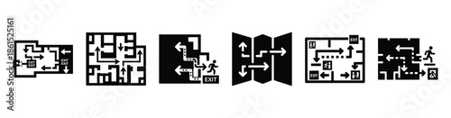 Set of emergency evacuation map vector icons isolated on white background. Vector illustration. Black flat design
