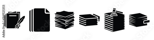 Set of litigation document stack vector icons isolated on white background. Vector illustration. Black flat design