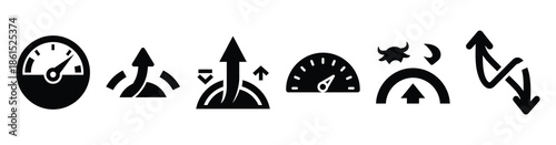 Set of market sentiment gauge vector icons isolated on white background. Vector illustration. Black flat design