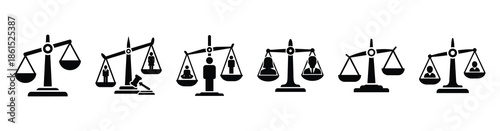 Set of mediation balance scale vector icons isolated on white background. Vector illustration. Black flat design