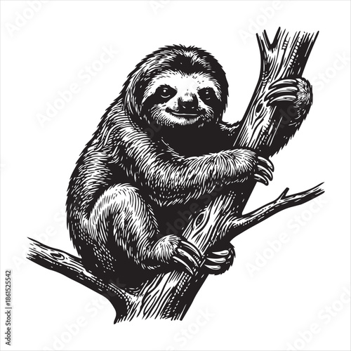 A grayscale vector illustration depicting a relaxed sloth hanging a dark silhouette