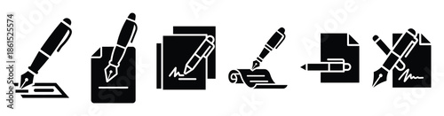 Set of settlement agreement pen vector icons isolated on white background. Vector illustration. Black flat design