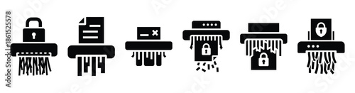 Set of secure deletion shred vector icons isolated on white background. Vector illustration. Black flat design