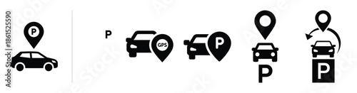 Set of smart parking locator vector icons isolated on white background. Vector illustration. Black flat design