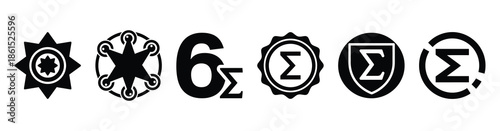 Set of six sigma badge vector icons isolated on white background. Vector illustration. Black flat design