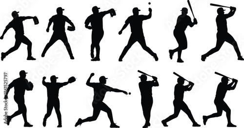 Baseball player silhouettes, pitching and batting poses, fielding action, black vector, sports icon, athletic motion, game illustration, dynamic stance, team sport, minimal design