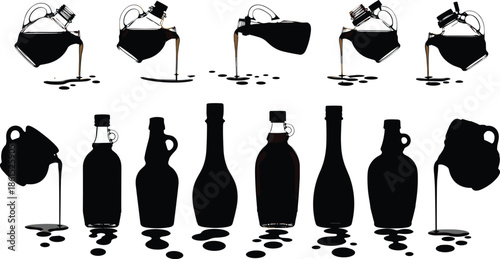 Syrup bottle, silhouette, pouring, drip, puddle, posture, gesture, setup, vector, pose, flavector, minimal, technical, flat, liquid, container, leak, bundle, cad drawing flat vector