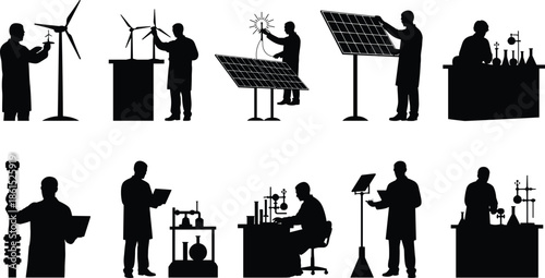 Scientist, engineer, silhouette, lab, turbine, solar, posture, gesture, setup, vector, pose, flavector, minimal, technical, flat, research, renewable, bundle, cad drawing flat vector