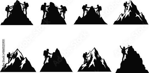 Mountain climbing, silhouette, climber, peak, posture, gesture, setup, vector, pose, flavector, minimal, technical, flat, outdoor, adventure, teamwork, summit, bundle, cad drawing flat vector