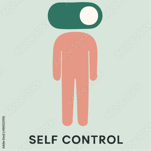 self control switched on; peach figure with toggle head stands in minimalist clarity and mental strength