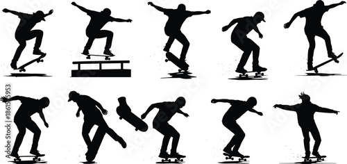 Skateboarder, silhouette, trick, jump, flip, grind, posture, gesture, setup, vector, pose, flavector, minimal, technical, flat, sport, motion, bundle, cad drawing flat vector