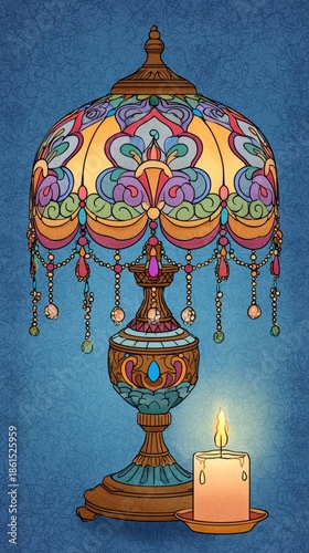 Stained glass bedroom lamp, cartoon illustration. 
