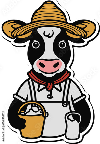 A friendly cow as a farmer wearing straw hat and holding milk bucket, flat vector illustration, simple geometric shapes, solid colors, thick outline, no texture, clean sticker design, isolated on whit