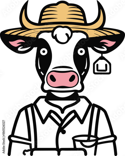 A friendly cow as a farmer wearing straw hat and holding milk bucket, flat vector illustration, simple geometric shapes, solid colors, thick outline, no texture, clean sticker design, isolated on whit