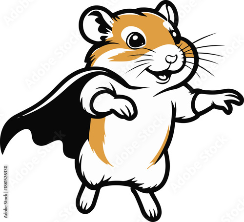 A hamster as a superhero flying with a cape, compact body shape, flat vector illustration, solid colors only, thick black outline, no texture, no shadow, clean vector sticker, isolated on white 1.
