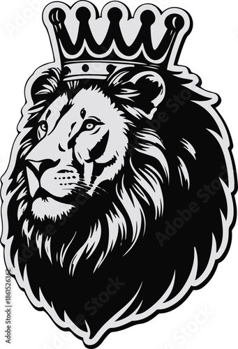 A lion as a king wearing a crown, proud posture, simplified mane design, flat vector art, solid colors only, bold outline, no gradient, no lighting, clean vector sticker, isolated on white background 