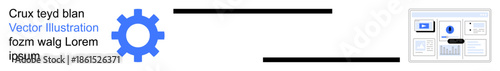 Process automation, workflow management, technology interfaces, system integration, data visualization, operational efficiency. Blue gear icon and interface elements. Process automation and workflow