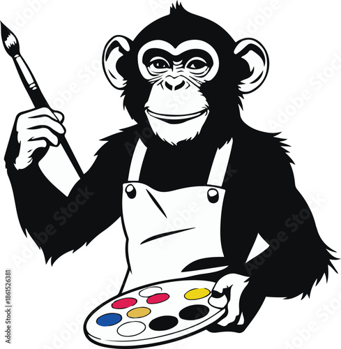 A monkey as a painter holding paintbrush and palette, playful pose, flat vector illustration, simple shapes, limited color palette, thick black outline, no shadow, no texture, sticker style, white bac