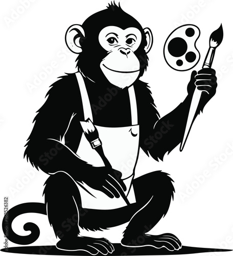 A monkey as a painter holding paintbrush and palette, playful pose, flat vector illustration, simple shapes, limited color palette, thick black outline, no shadow, no texture, sticker style, white bac
