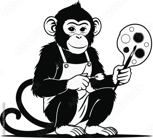 A monkey as a painter holding paintbrush and palette, playful pose, flat vector illustration, simple shapes, limited color palette, thick black outline, no shadow, no texture, sticker style, white bac