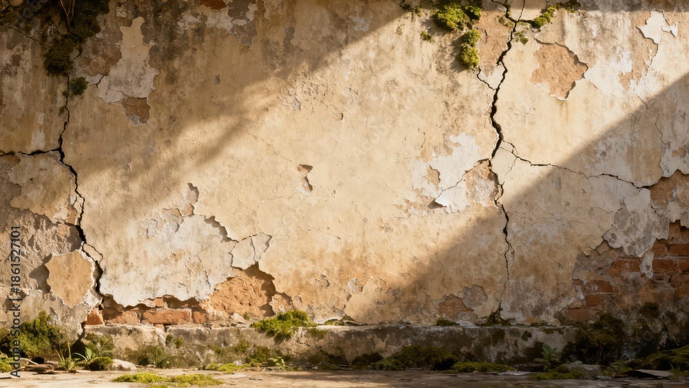 Naklejka premium Weathered stucco wall texture featuring crumbling beige plaster, exposed red brick, and deep structural cracks covered in vibrant green moss.
