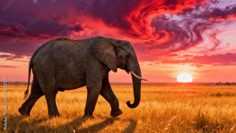 Fototapeta premium Large African bush elephant walking right across golden savanna grasses beneath a dramatic swirling red and purple sunset sky.