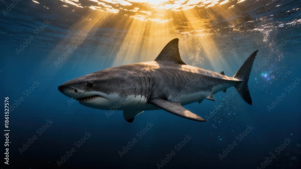 Fototapeta premium Large Great White Shark swimming underwater, illuminated by powerful golden sunlight rays piercing the deep blue ocean surface.