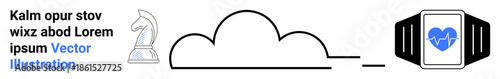 Technology, cloud computing, health tracking, wearable devices, strategy, innovation. Visual elements include a cloud, chess knight and smartwatch with a heart symbol. Technology and health tracking